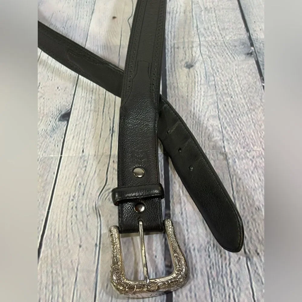 Ariat Black Leather Silver Buckle Western Southwestern Cowboy Casual Belt 44